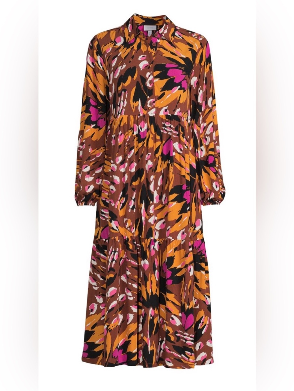 THE GET Womens Tiered Shirt Midi Dress Large Abstract Animal Print Boho Fall